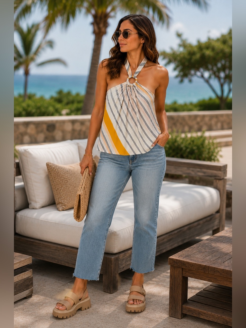 O’Neill Ring Halter Tank Top Medium Ivory Striped Boho Beach Resort